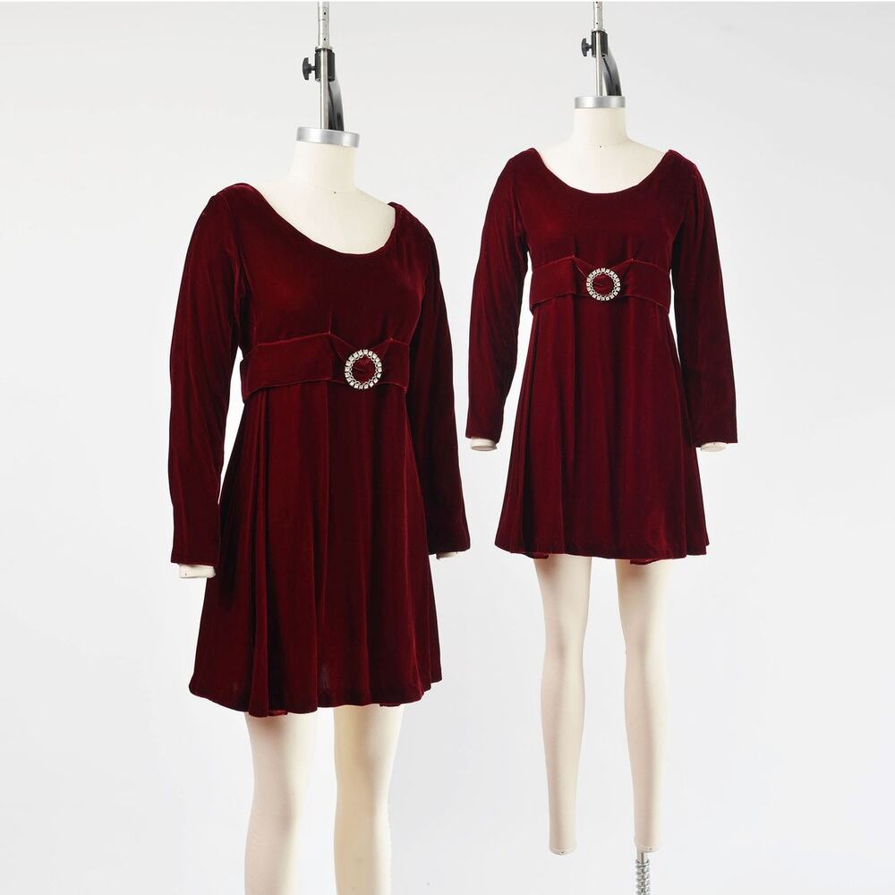 Vintage 60s Burgundy Velvet Dress Empire Waist Mod Retro A-line Mini Dress XS